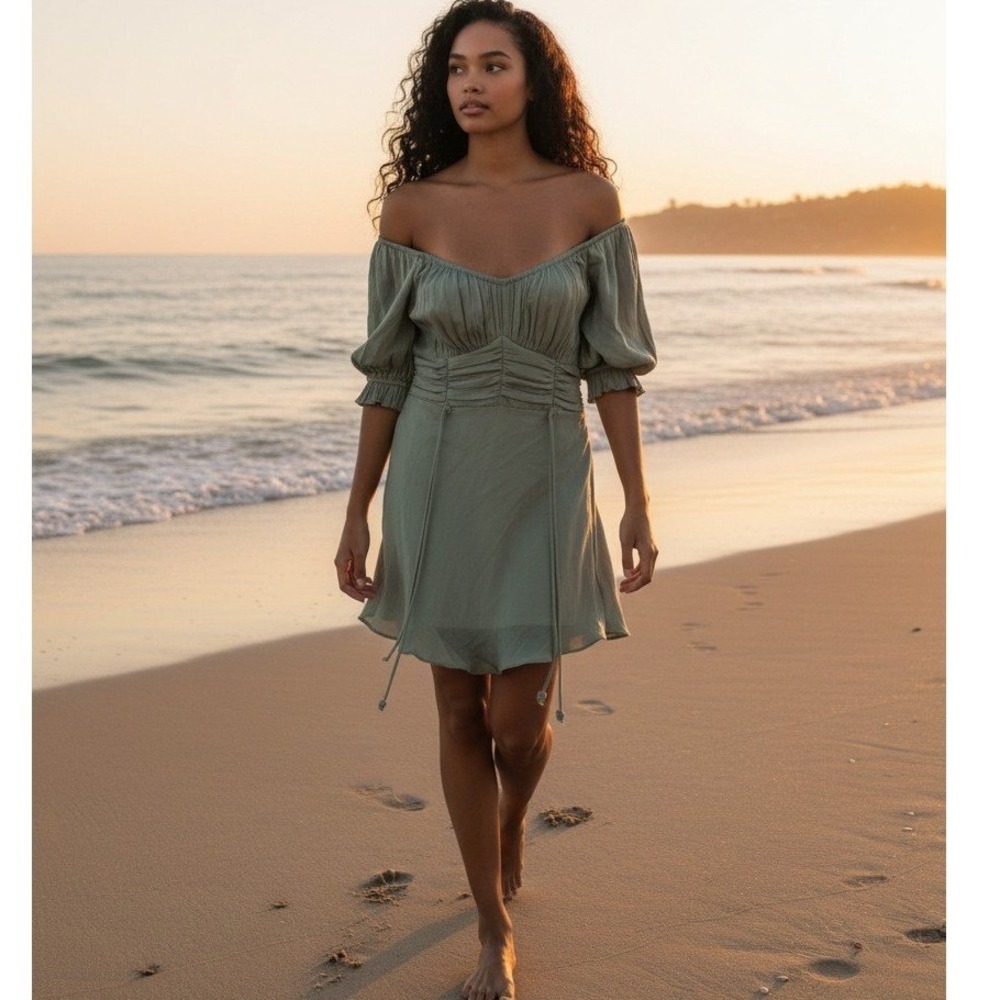 Saints + Secrets Sage Green Off Shoulder Ruched Mini Dress Puff Sleeve Boho S